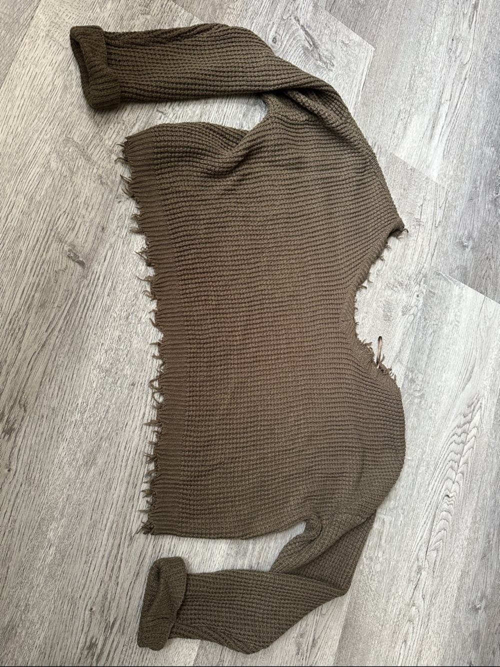 Womens Olive Brown cropped Distressed Knit Sweater